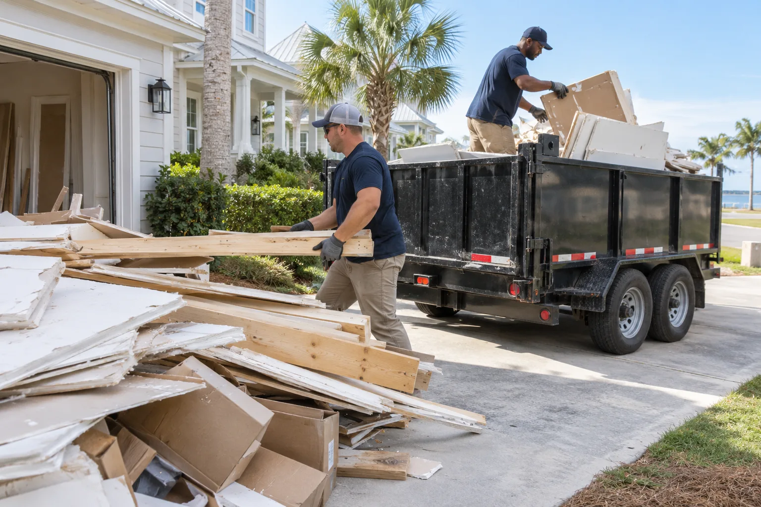 Renovation debris being loaded into a dump trailer